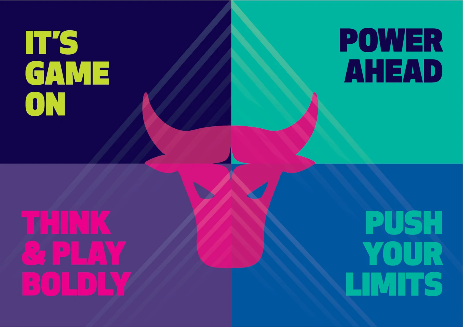Aurora Lusus brand wall — It's game on. Power ahead. Think and play boldly. Push your limits.